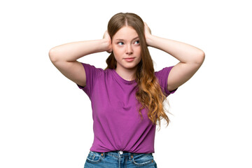 Fototapeta premium Young pretty woman over isolated background frustrated and covering ears