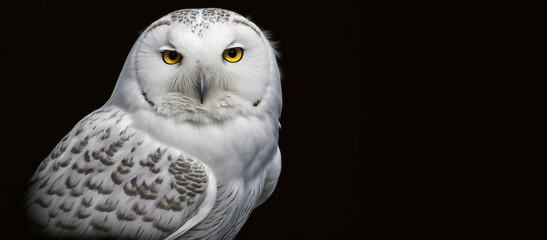 White owl portrait on black background with copy space. Generative ai.