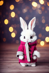 Portrait of a adorable bunny, funny and cute face closeup, ready for christmas. isolated on beautiful bokeh background, created with generative ai
