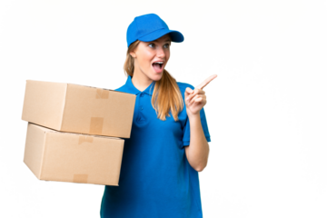 Delivery caucasian woman over isolated background intending to realizes the solution while lifting a finger up
