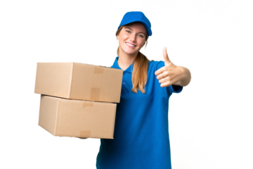 Delivery caucasian woman over isolated background with thumbs up because something good has happened
