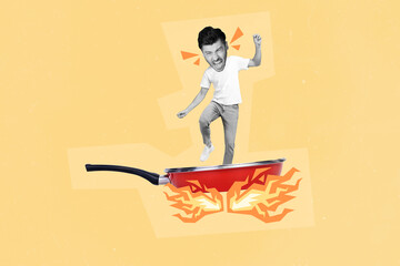 Creative illustration photo collage of angry mad person shouting yell stand on burning frying pan...