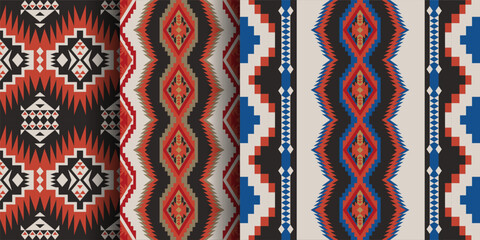 Set of Aztec geometric seamless patterns. Native American Southwest prints. Ethnic design wallpaper, fabric, cover, textile, rug, blanket.
