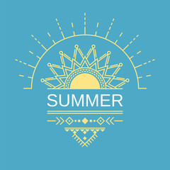 Ethnic Summer card, poster, banner, cover with the image of the sun in a geometric style.