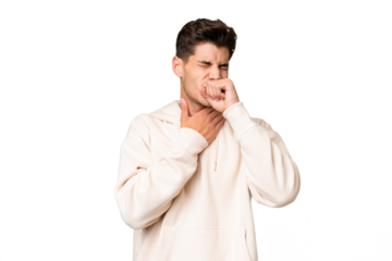 Young caucasian handsome man over isolated background coughing a lot