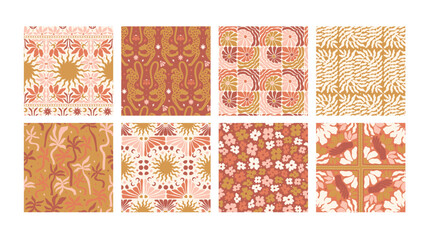 Seamless Pattern groovy boho collection 70s wall art flowers hippie kawaii 