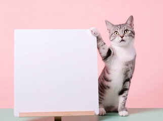 a cute tabby cat holding with blank whiteboard on isolated pastel color background, playful and adorable pet, generative ai