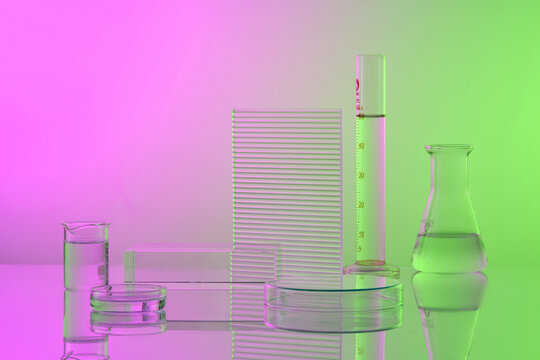 Pedestal for product display presentation with transparent podium, laboratory glassware filled transparent liquid on color background. Minimal concept.