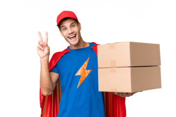 Super Hero delivery man over isolated background smiling and showing victory sign