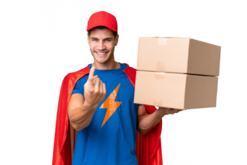 Super Hero delivery man over isolated background doing coming gesture