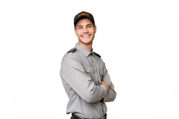 Young security man over isolated background with arms crossed and looking forward
