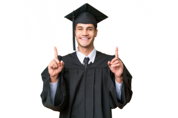 Young university graduate caucasian man over isolated background pointing up a great idea