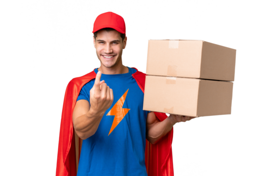 Super Hero delivery man over isolated background doing coming gesture