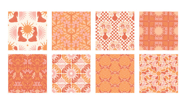Seamless Pattern groovy boho collection 70s wall art flowers hippie kawaii 