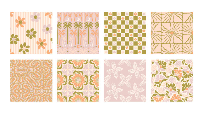 Seamless Pattern groovy boho collection 70s wall art flowers hippie kawaii 