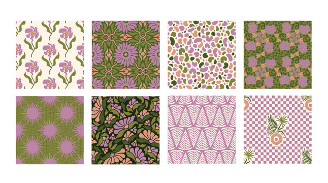 Seamless Pattern groovy boho collection 70s wall art flowers hippie kawaii 