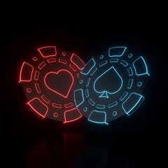 Modern, Futuristic Black And Red, Blue Glowing Neon Lights Poker Chips With Hearts And Spades - Playing Card Symbol Inside On Black Background - 3D Illustration