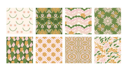 Seamless Pattern groovy boho collection 70s wall art flowers hippie kawaii 