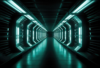 Futuristc space tunnel with lights surrounded. Created with Generative AI technology.