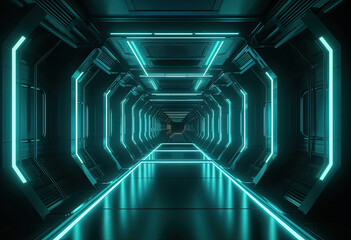 Futuristc space tunnel with lights surrounded. Created with Generative AI technology.