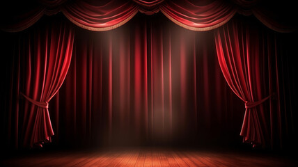 Theatre stage with red curtains. Illustration AI Generative.