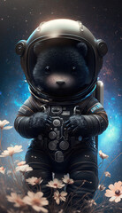 Fototapeta premium A cute baby black bear astronaut in space with floral and space background. Generative AI technology.