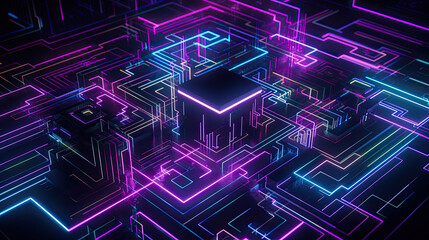 Intergrated circuit of microchip in neon lights style. Created with Generative AI technology.