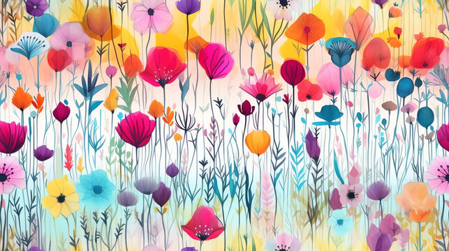 Colorful spring flowers as endless seamless pattern background. Watercolor