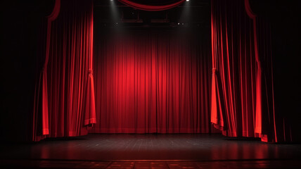 Theatre stage with red curtains. Illustration AI Generative.