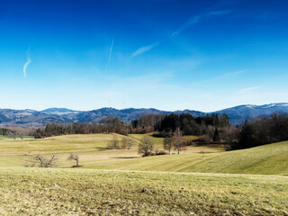 Wanderweg gesäumt von Feldern, Wiesen und grünen Weiden zum Eichener see mit Panoramablick auf...