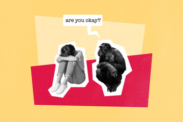 Composite collage picture of black white effect monkey ask unsatisfied girl are you okay isolated...