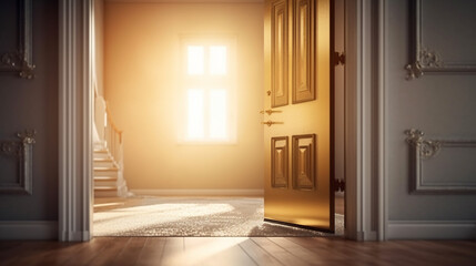 Opening door with golden house on fuzzy interior background