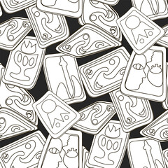 Naklejka premium A pattern with fortune-telling cards in a linear style. Dark tarot cards in a chaotic arrangement. Tarot card reading, fortune teller, Halloween pattern. Destiny cards, pattern for printing packaging