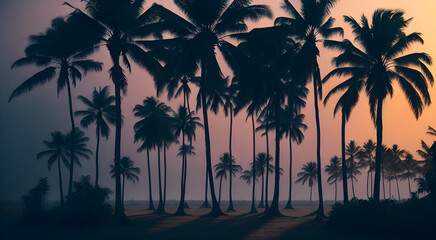 gradient of colour in the mist, tropical punk shadows of the wild palms, mystical, intriguing, morning lighting, silhouette of trees, superb quality cinematic, wallpaper, Generative AI