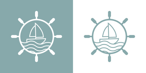 Logo Nautical. Timón de barco lineal con olas de mar y barco de vela