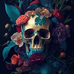 Photo sur Plexiglas Crâne aquarelle Watercolor Floral skull for Halloween and day of the dead design. Ai generative art 