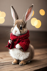 Portrait of a adorable bunny, funny and cute face closeup, wear a warming clothes in winter and ready for christmas. isolated on beautiful bokeh background, created with generative ai
