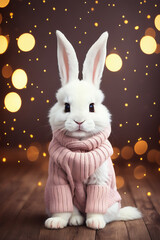 Portrait of a adorable bunny, funny and cute face closeup, wear a warming clothes in winter and ready for christmas. isolated on beautiful bokeh background, created with generative ai
