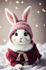 Obraz premium Portrait of a adorable bunny, funny and cute face closeup, wear a warming clothes in winter and ready for christmas. isolated on beautiful bokeh background, created with generative ai 