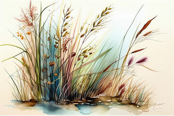 Rustling Reeds Grasses   Watercolors Isolated On White Background - Generative AI - obrazy, fototapety, plakaty
