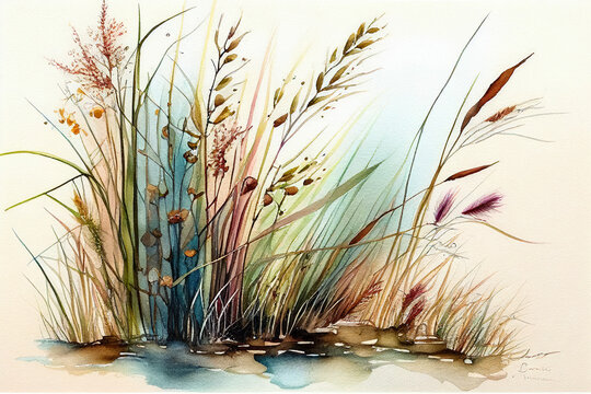 Rustling Reeds Grasses   Watercolors Isolated On White Background - Generative AI