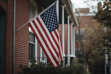 American Flag Hanging at a home. USA flag. generated ai