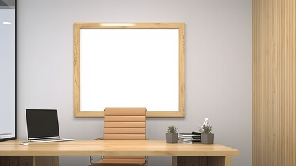 Office workplace with blank picture on the wall. Generative AI