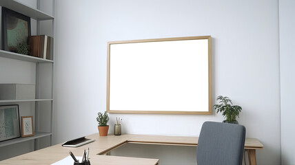 mock up of workspace with blank picture frame on the wall, Generative AI