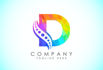 Polygonal D alphabet with chiropractic spine logo. Low poly style spinal care icon for business and company identity.