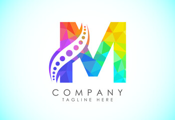 Polygonal M alphabet with chiropractic spine logo. Low poly style spinal care icon for business and company identity.