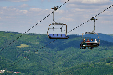 bottom view of the cable car carriages and the sky in the Polish mountains