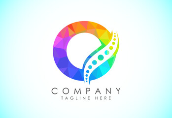 Polygonal O alphabet with chiropractic spine logo. Low poly style spinal care icon for business and company identity.