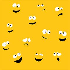 Pattern of funny crazy eyes with crazy emotions on yellow background with smile lips in doodle style