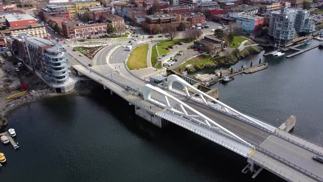 Aerial view of the Johnson Street Bridge of Victoria, British Columbia, Canada